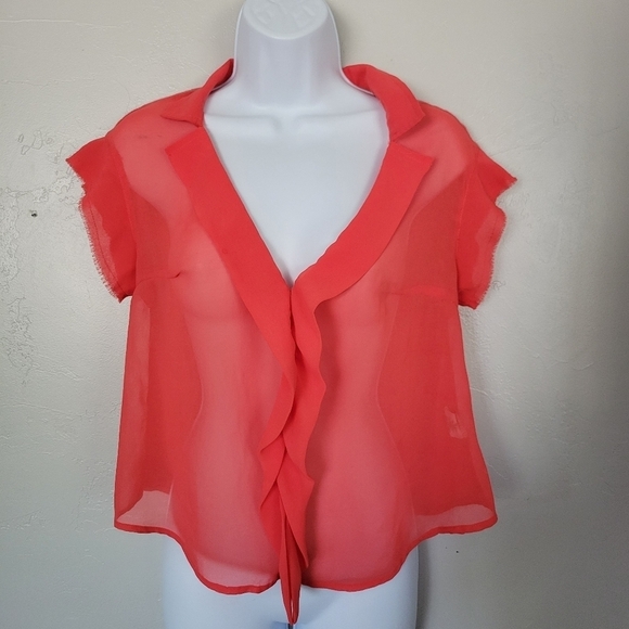 Pins and Needles Small Coral Red Short Sleeve Blouse Linen Blend Chiffon Ruffle - Picture 1 of 8